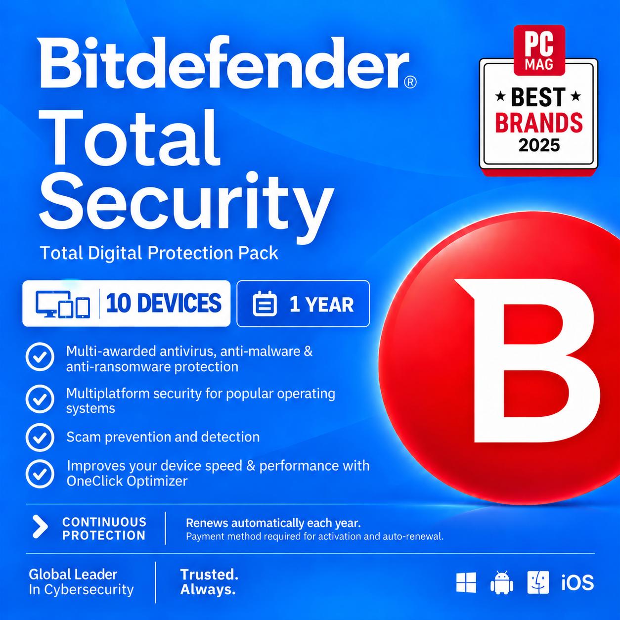 Bitdefender Total Security, 10 Devices, 1 Year, Global Key.